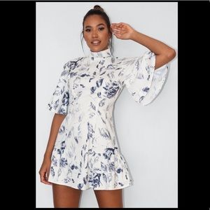 White printed high neck flutter sleeve skater drop waist floral dress